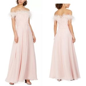 ELIZA J FEATHER OFF SHOULDER EVENING GOWN
